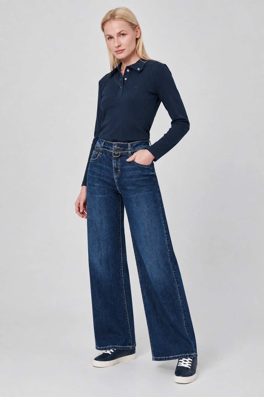 Wide‑Leg‑Jeans aus Baumwoll‑Stretch mit Doppelbund in royal, Ansicht 4