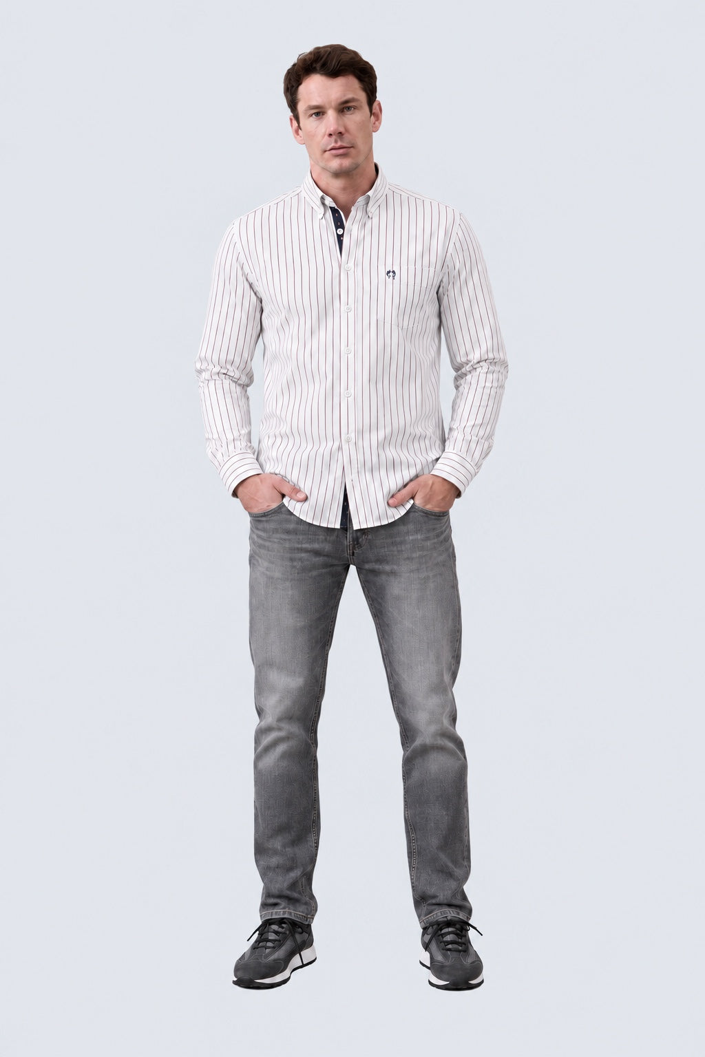 Button‑Down‑Hemd aus Baumwolle mit Karo‑ und Streifenmuster in white stripe 2