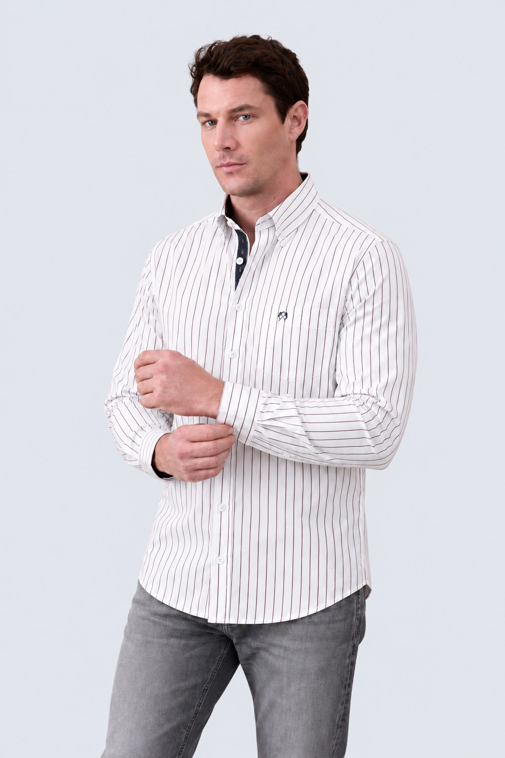 Button‑Down‑Hemd aus Baumwolle mit Karo‑ und Streifenmuster in white stripe 2, Ansicht 2