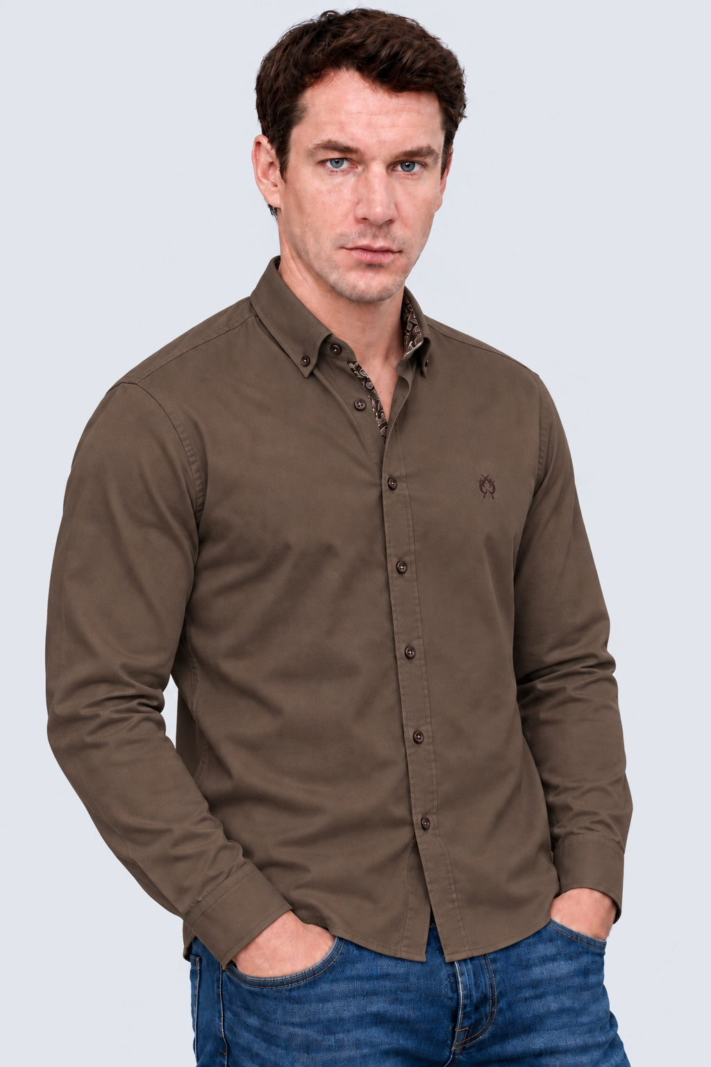 Button‑Down‑Hemd aus Baumwoll‑Stretch‑Mix in cacao, Ansicht 3