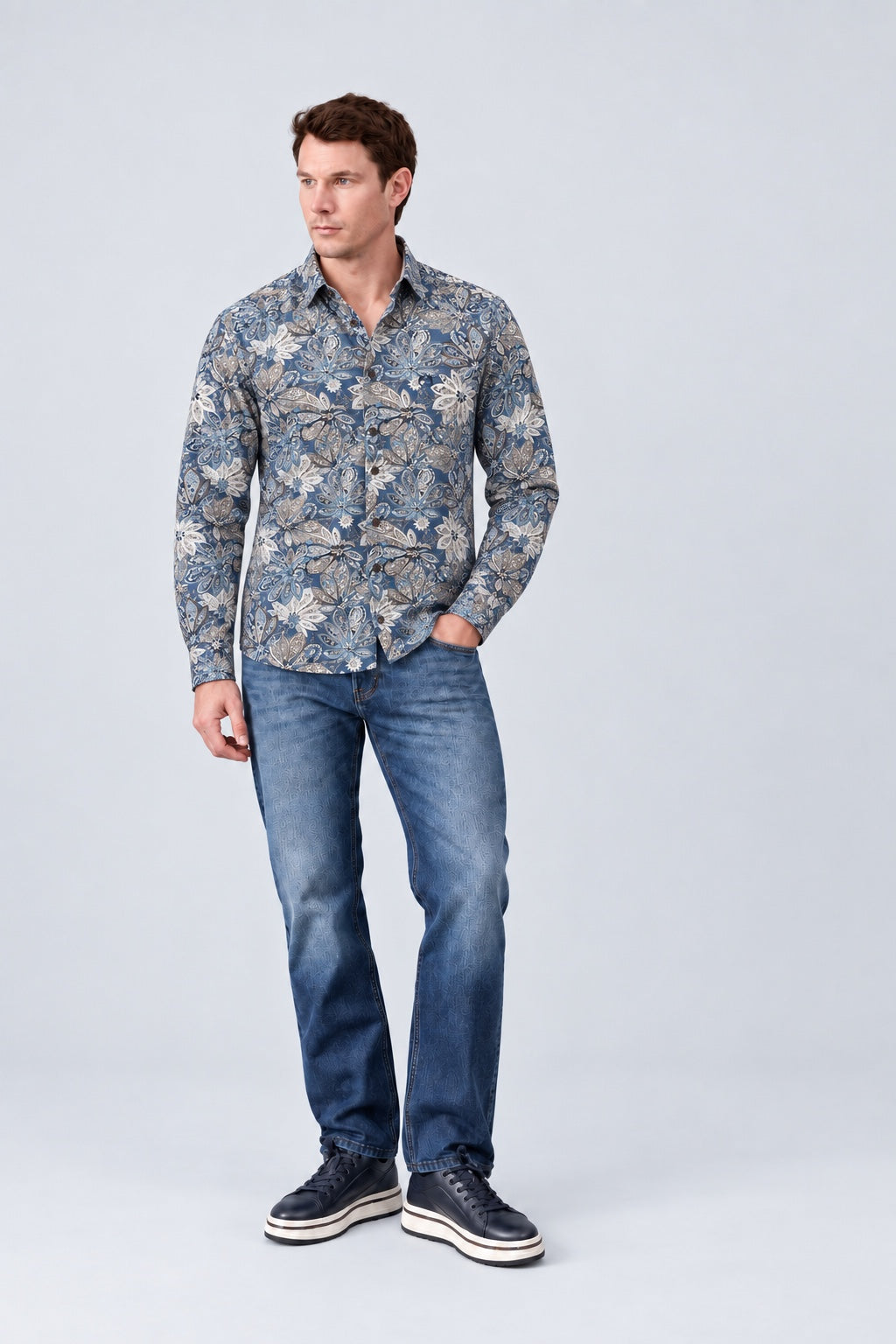 Hemd aus Baumwolle mit Paisley-Print und Button-down-Kragen, Modern Fit in denim print 1