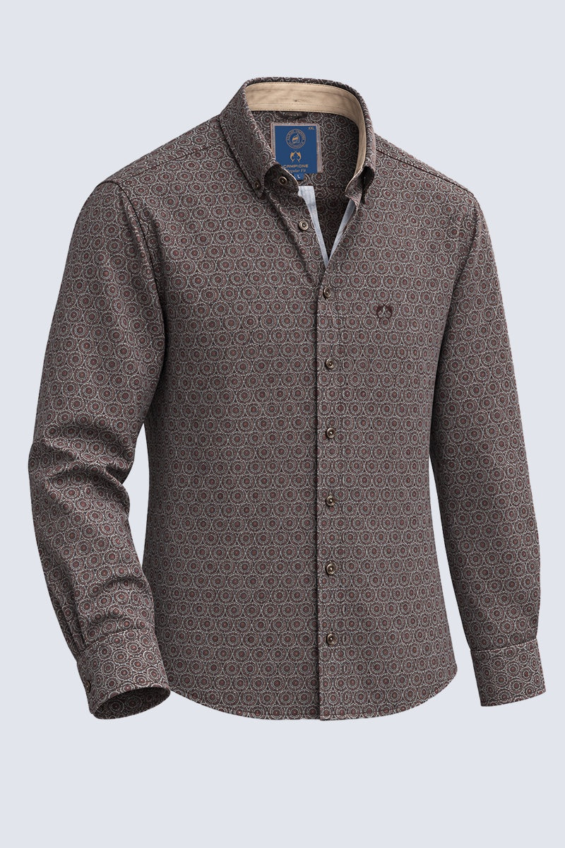 Button‑Down‑Hemd aus Baumwolle mit Allover‑Print in camel print 1