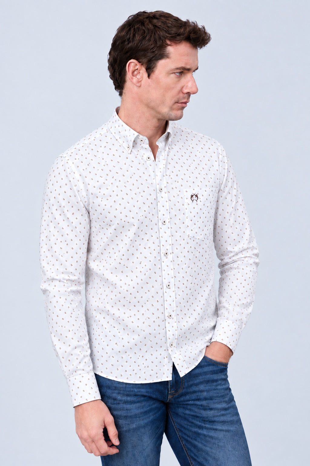 Button‑Down‑Hemd aus Baumwolle mit Mikro‑Allover‑Print in brown print 2, Ansicht 3