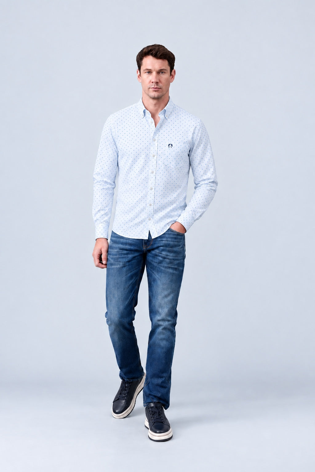 Button‑Down‑Hemd aus Baumwolle mit Mikro‑Allover‑Print in blue print 1