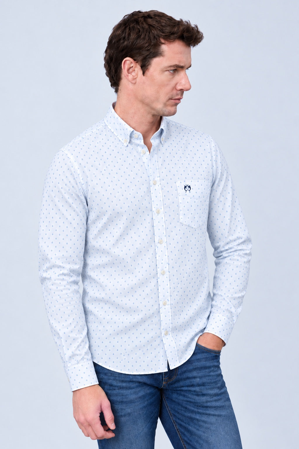 Button‑Down‑Hemd aus Baumwolle mit Mikro‑Allover‑Print in blue print 1, Ansicht 2