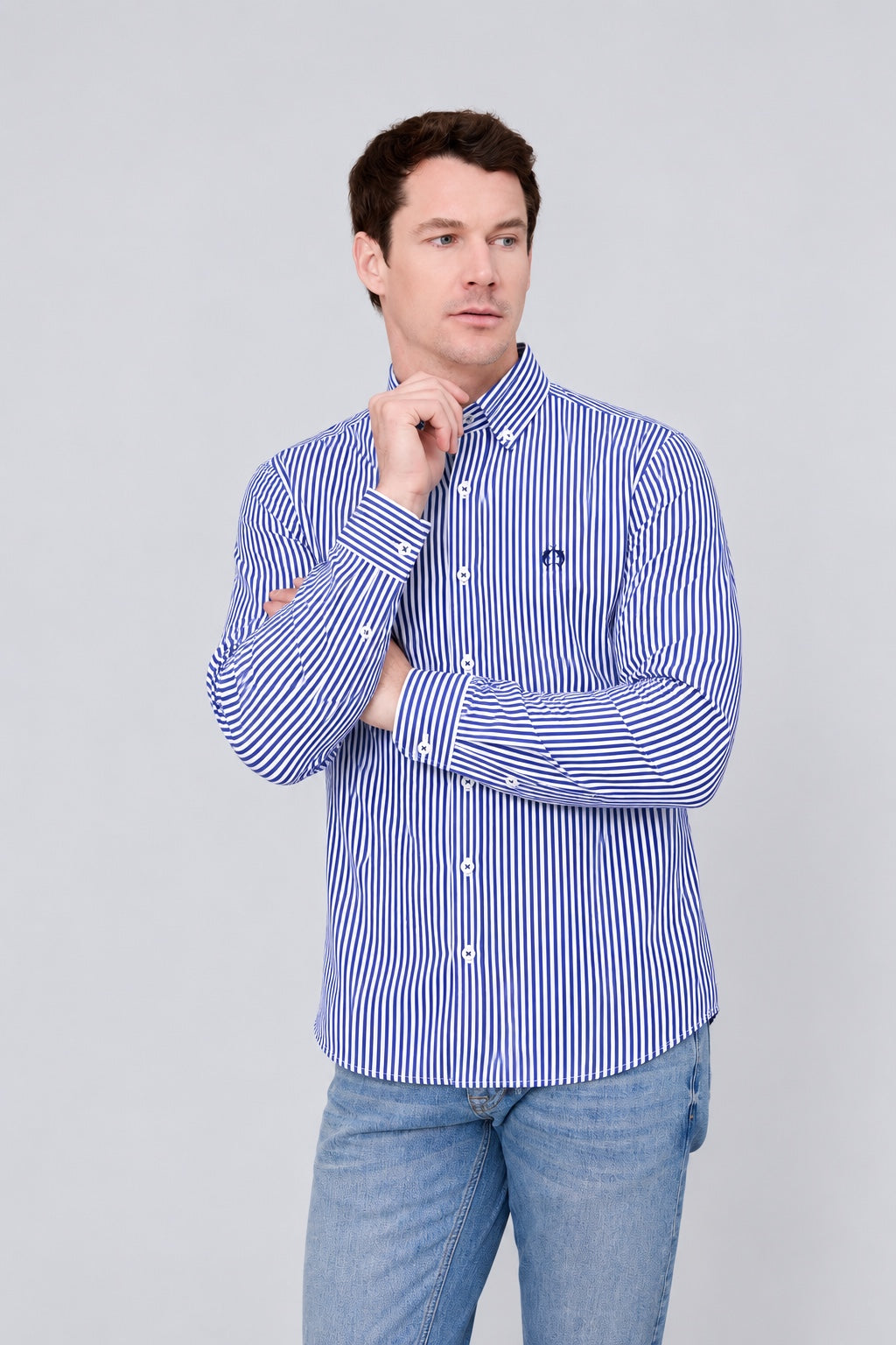 Button-Down-Hemd aus Baumwolle mit Blockstreifen in inndigo stripe 1, Ansicht 2