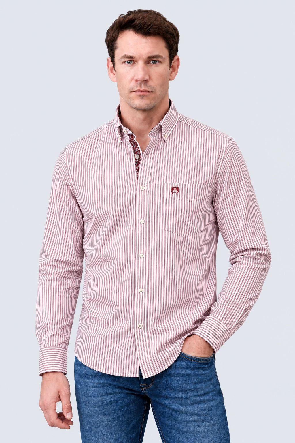 Button‑Down‑Hemd mit Streifenmuster aus Baumwoll‑Polyester‑Mix in bordo stripe 1, Ansicht 3