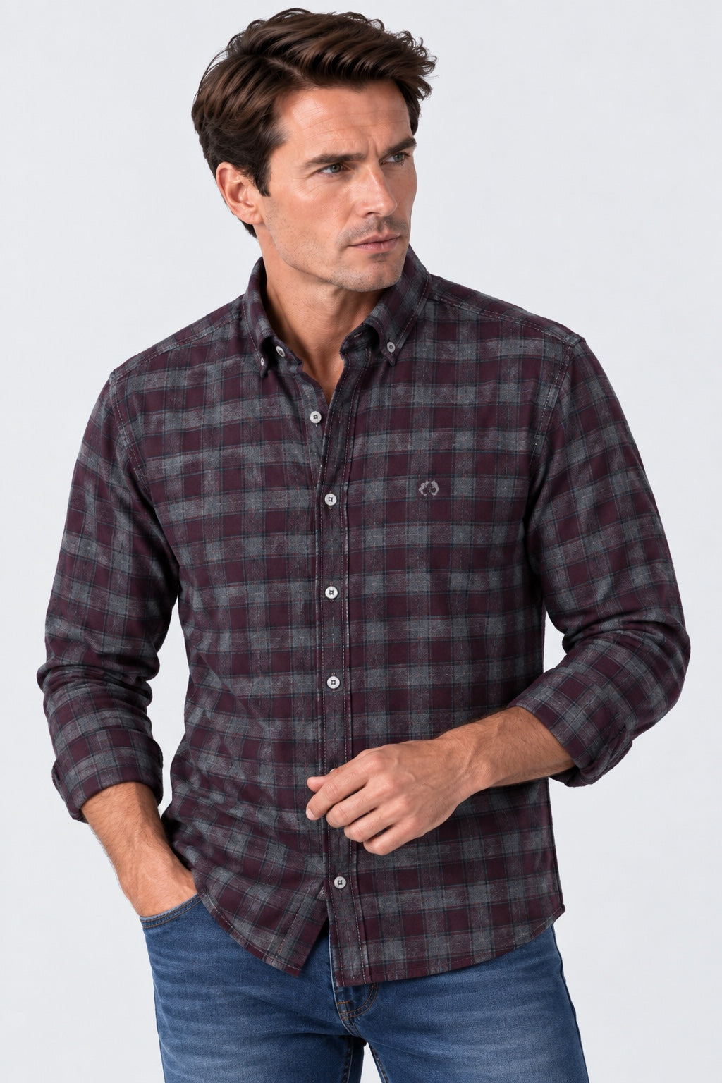 Button‑Down‑Hemd aus Baumwolle mit Karomuster in grey check 3