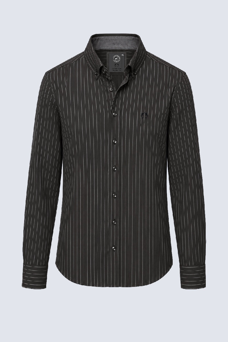 Button‑Down‑Hemd aus Baumwoll‑Woll‑Mix in black stripe 5, Ansicht 2