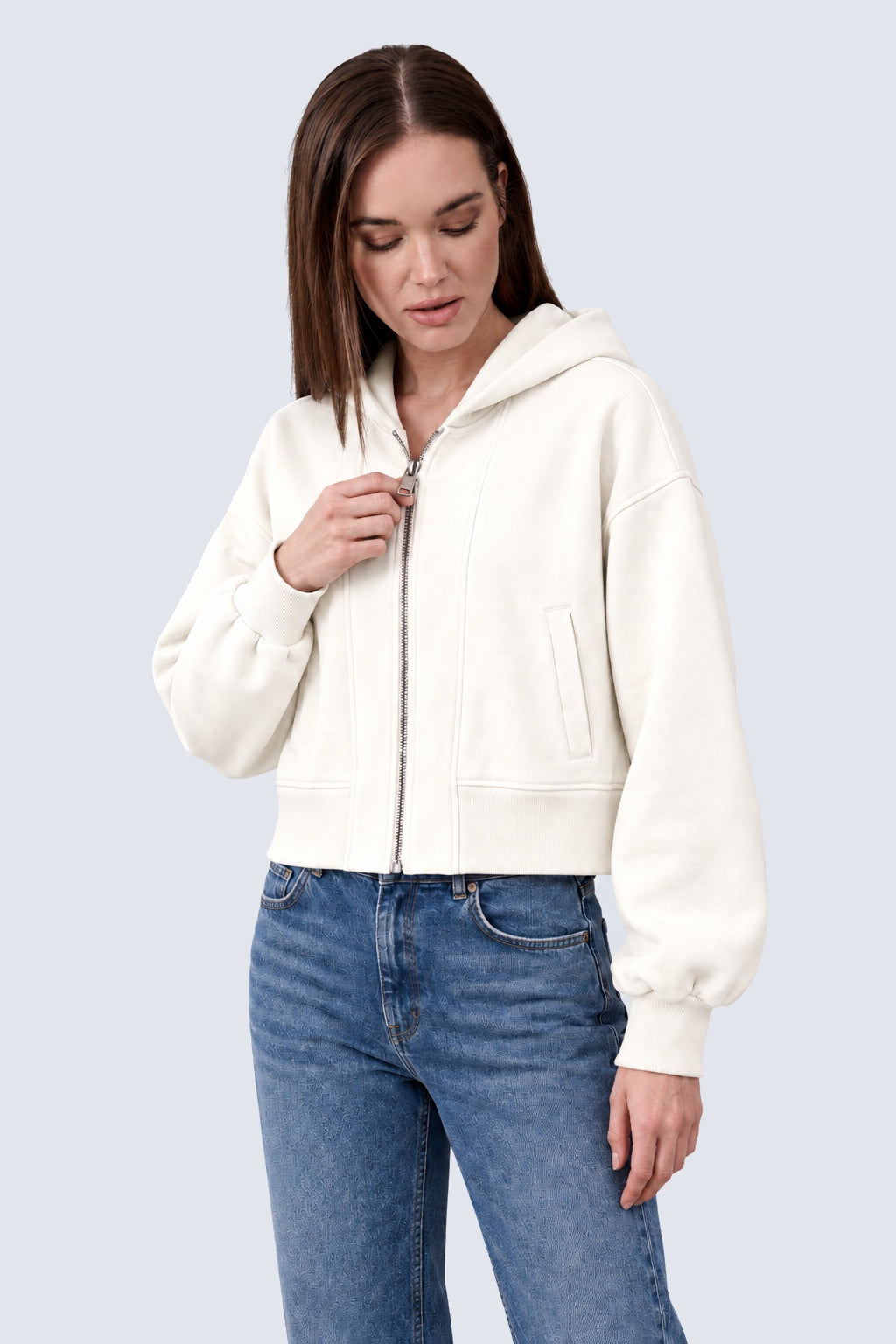 Sweat‑Jacke mit Kapuze aus Baumwoll‑Mix in off white, Ansicht 2
