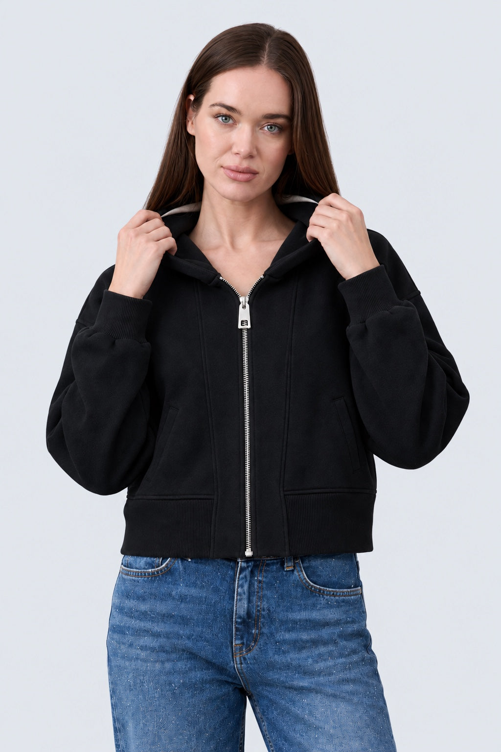 Sweat‑Jacke mit Kapuze aus Baumwoll‑Mix in black, Ansicht 3