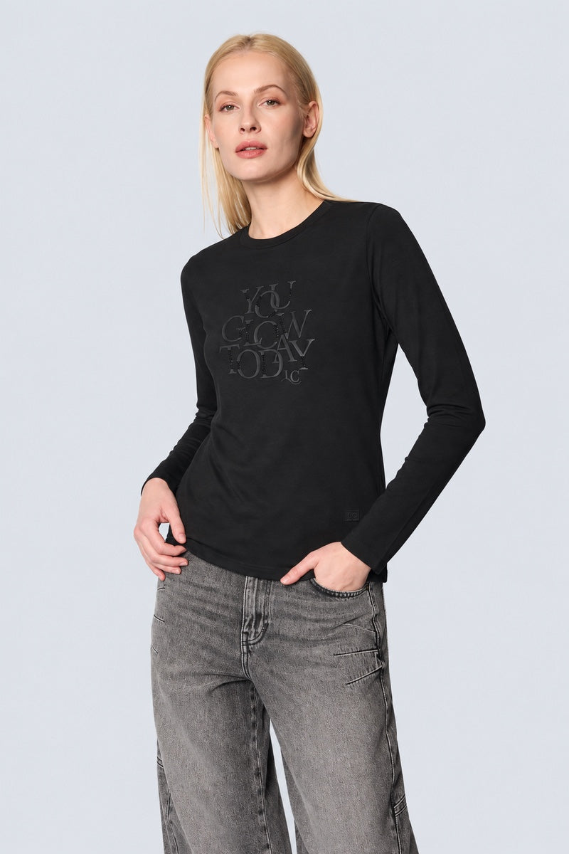 Langarm‑T‑Shirt aus Baumwolle‑Modal‑Mix mit Statement‑Print in black, Ansicht 2