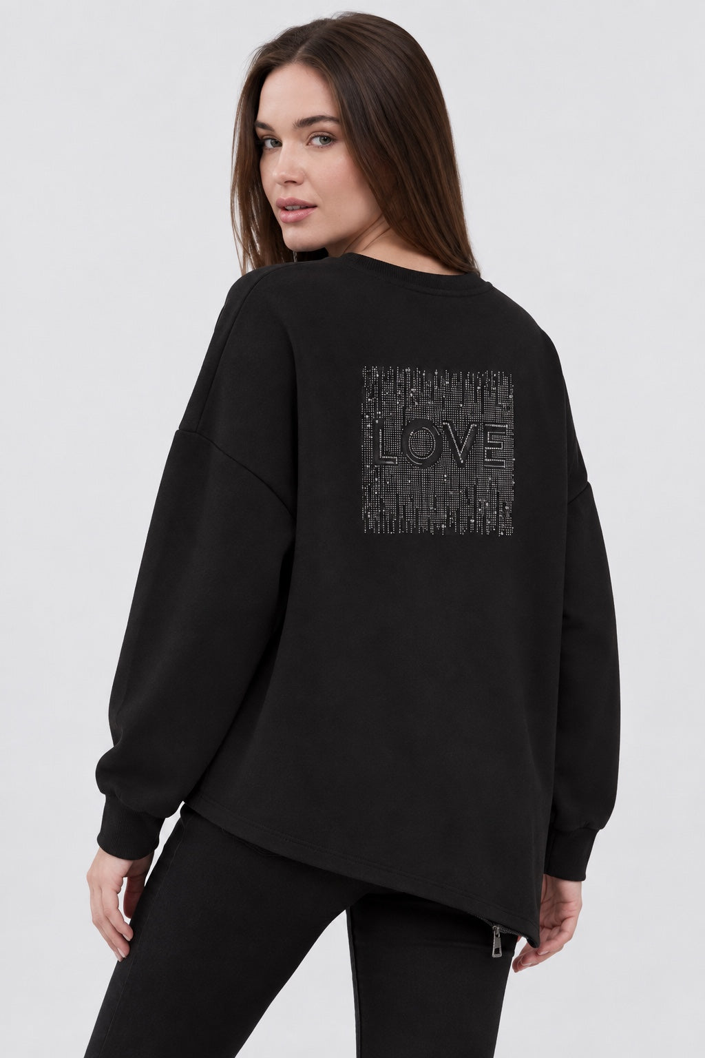 Sweatshirt aus Baumwoll‑Mix mit Strass‑Rückendetail und Layering‑Optik in black, Ansicht 2