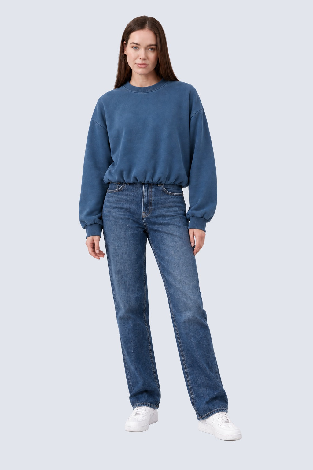 Sweatshirt aus reiner Baumwolle mit Strass‑Rückenmotiv in denim
