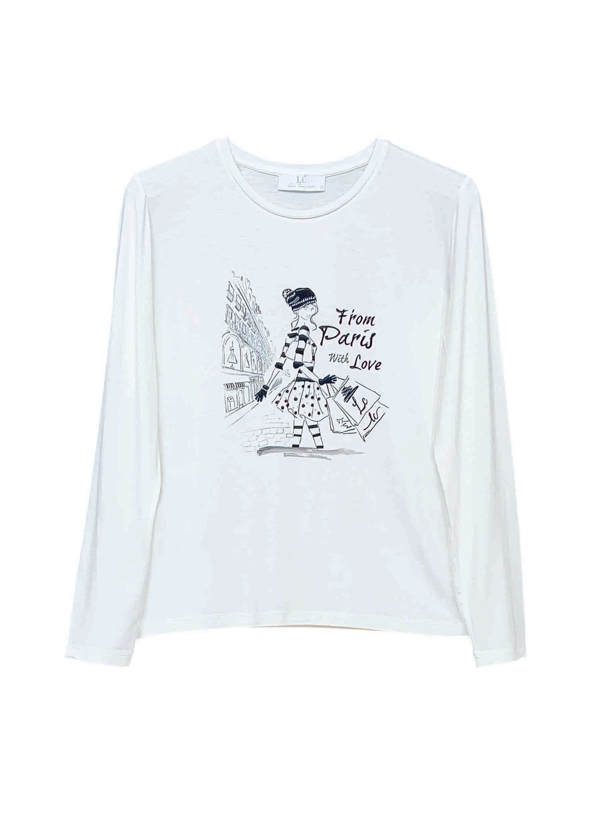 Langarm‑T‑Shirt aus Viskose‑Elasthan mit Fashion‑Illustration in off white
