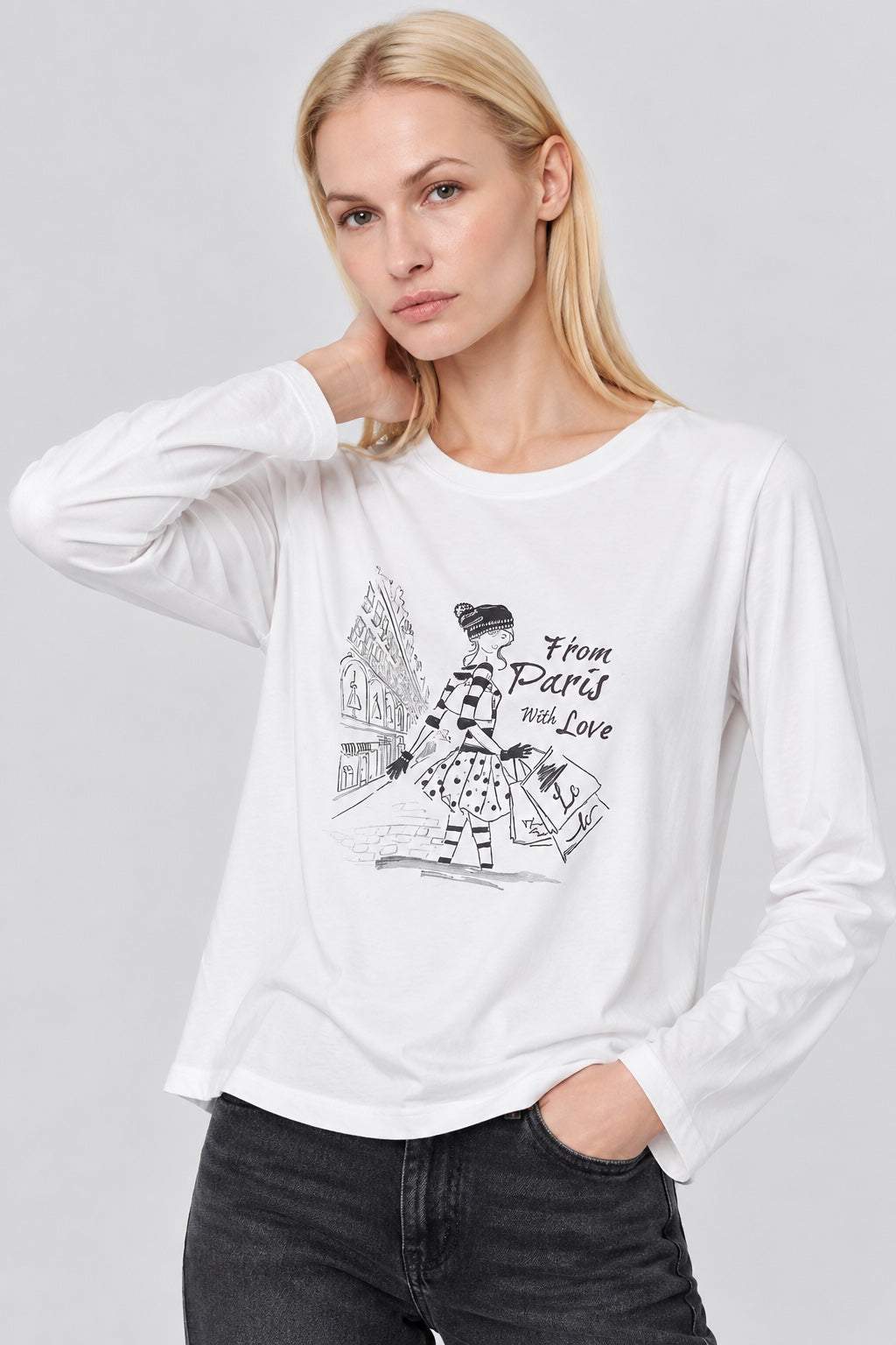Langarm‑T‑Shirt aus Viskose‑Elasthan mit Fashion‑Illustration in off white, Ansicht 2