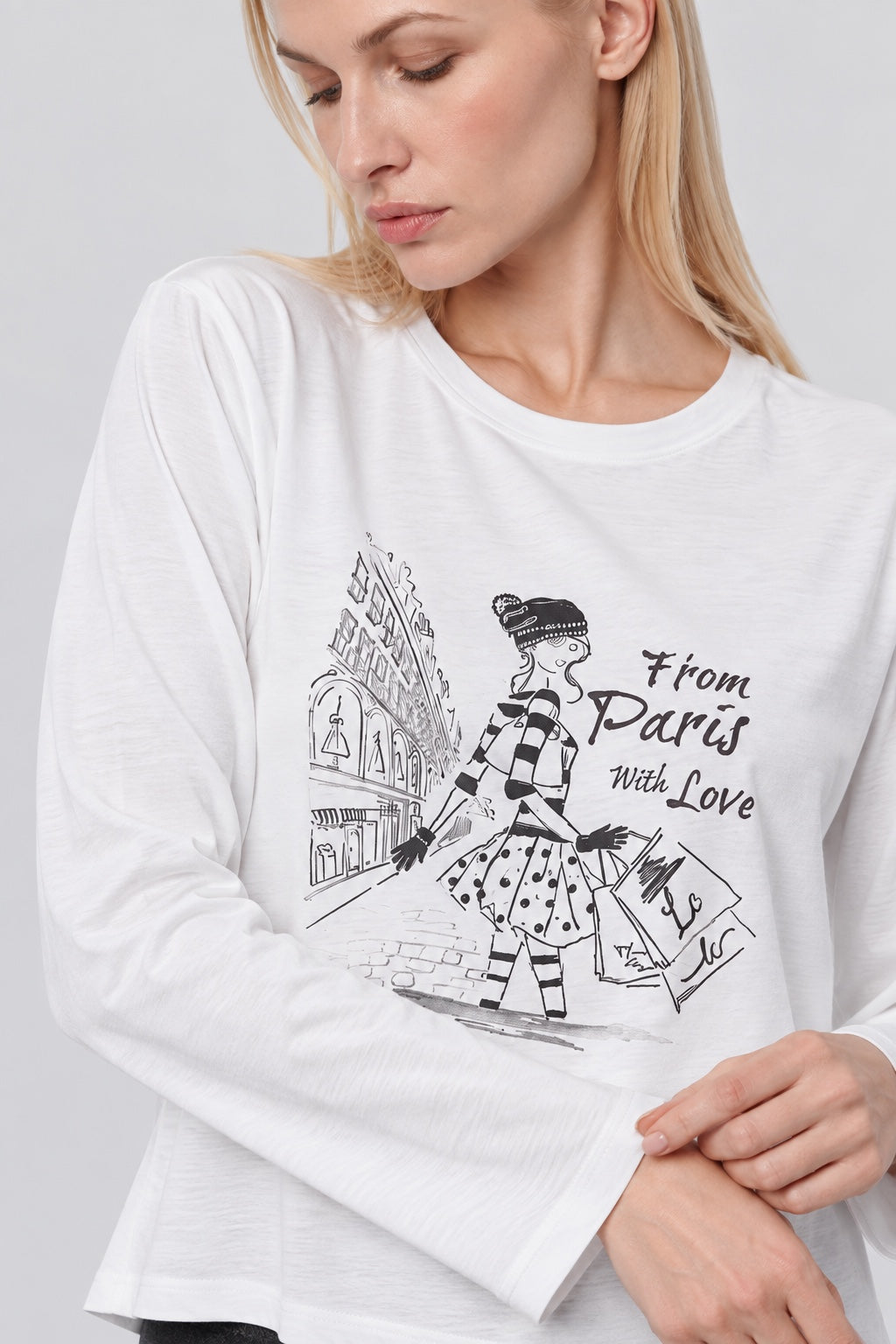 Langarm‑T‑Shirt aus Viskose‑Elasthan mit Fashion‑Illustration in off white, Ansicht 3