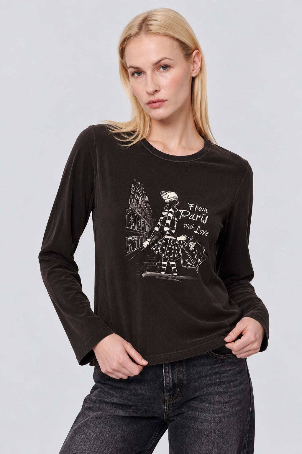 Langarm‑T‑Shirt aus Viskose‑Elasthan mit Fashion‑Illustration in black