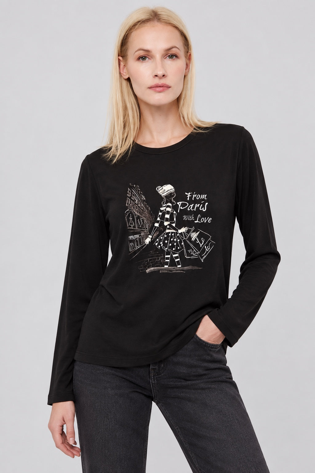 Langarm‑T‑Shirt aus Viskose‑Elasthan mit Fashion‑Illustration in black, Ansicht 2