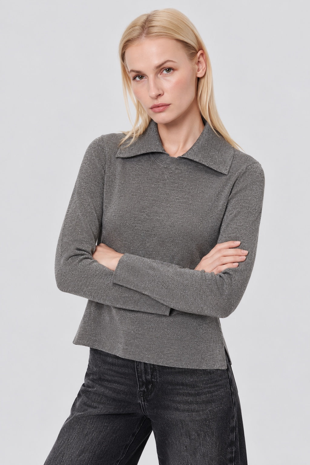 Strickpullover mit Rollkragen und Hemdkragen‑Detail in grey mel, Ansicht 3