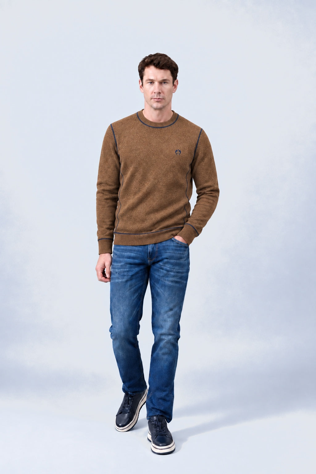 Strickpullover aus Lambswoll‑Mix mit Rundhalsausschnitt in brown combi 1, Ansicht 3