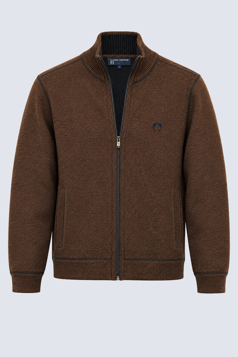 Strickjacke aus Lambswoll‑Mix mit Stehkragen und Reißverschluss in brown combi 1