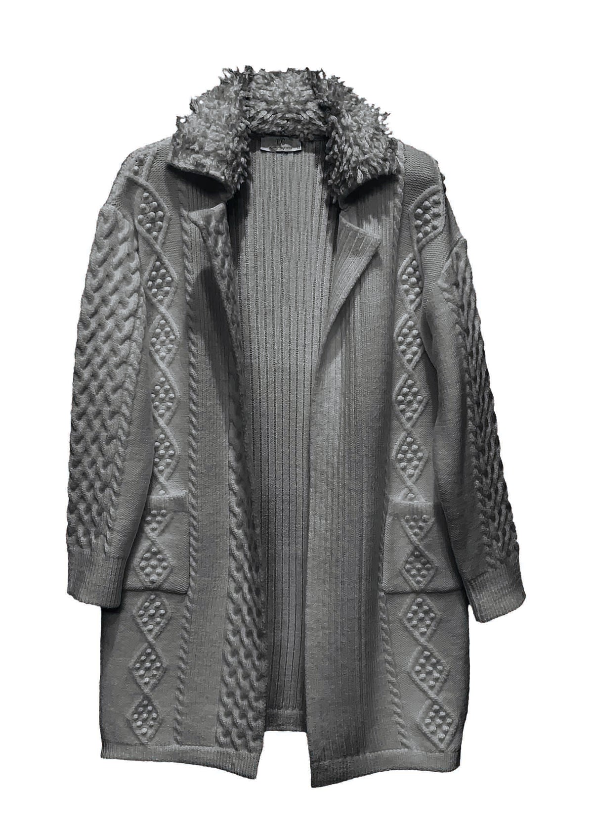 Strickjacke aus Strukturstrick mit Teddykragen in grey mel