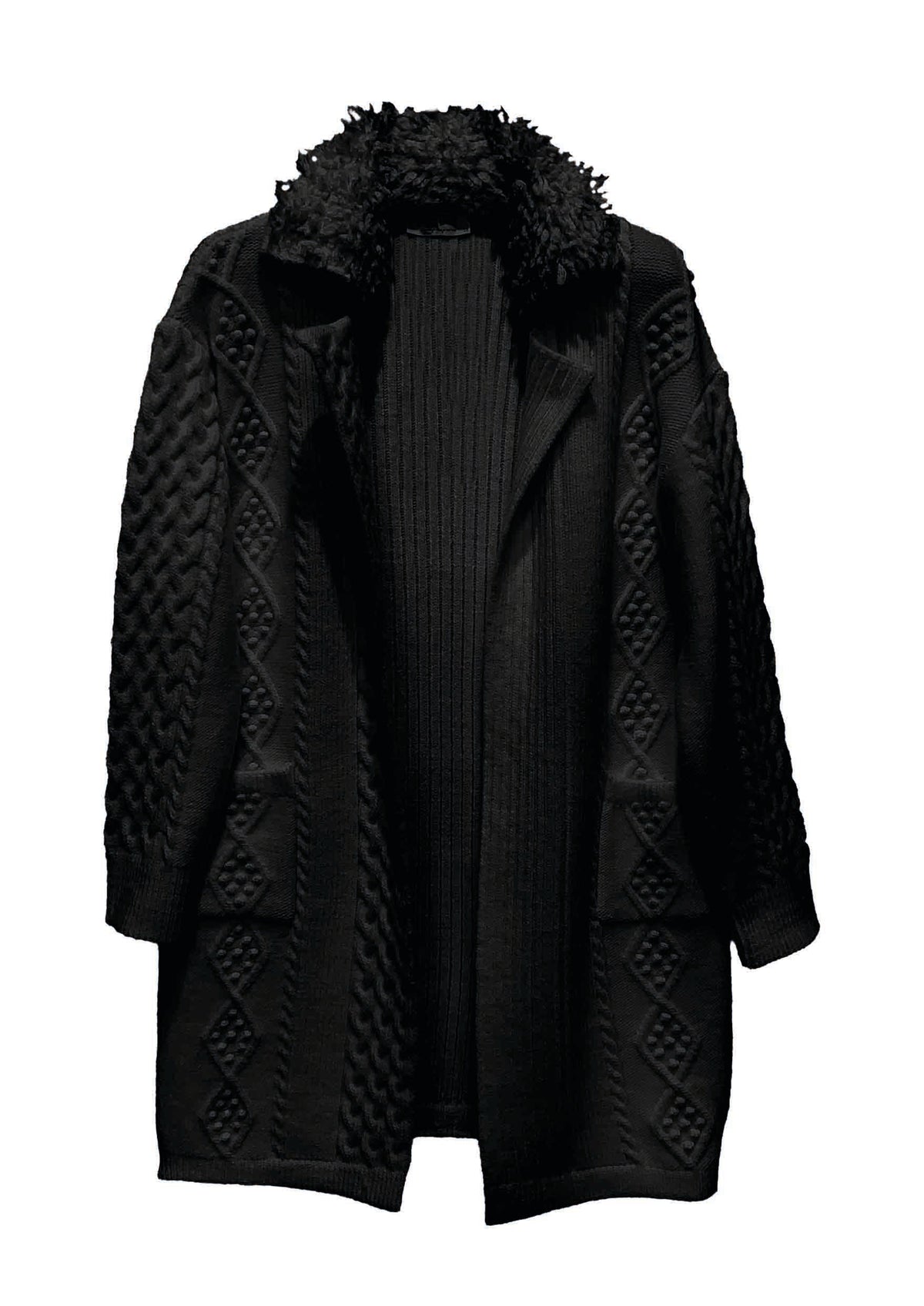 Strickjacke aus Strukturstrick mit Teddykragen in black
