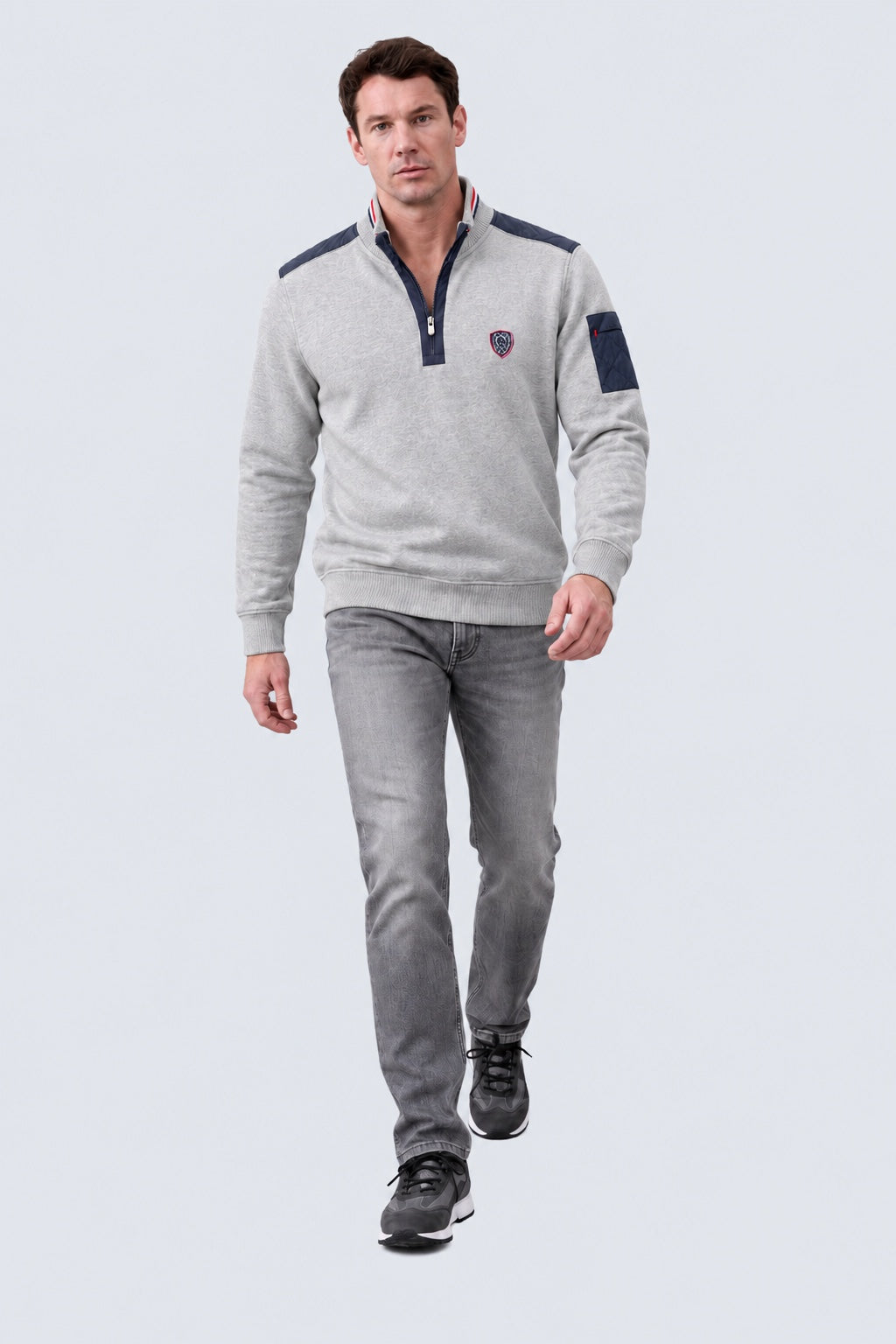 Sweatshirt mit Stehkragen und Reißverschluss aus Baumwoll‑Mix in grey mel