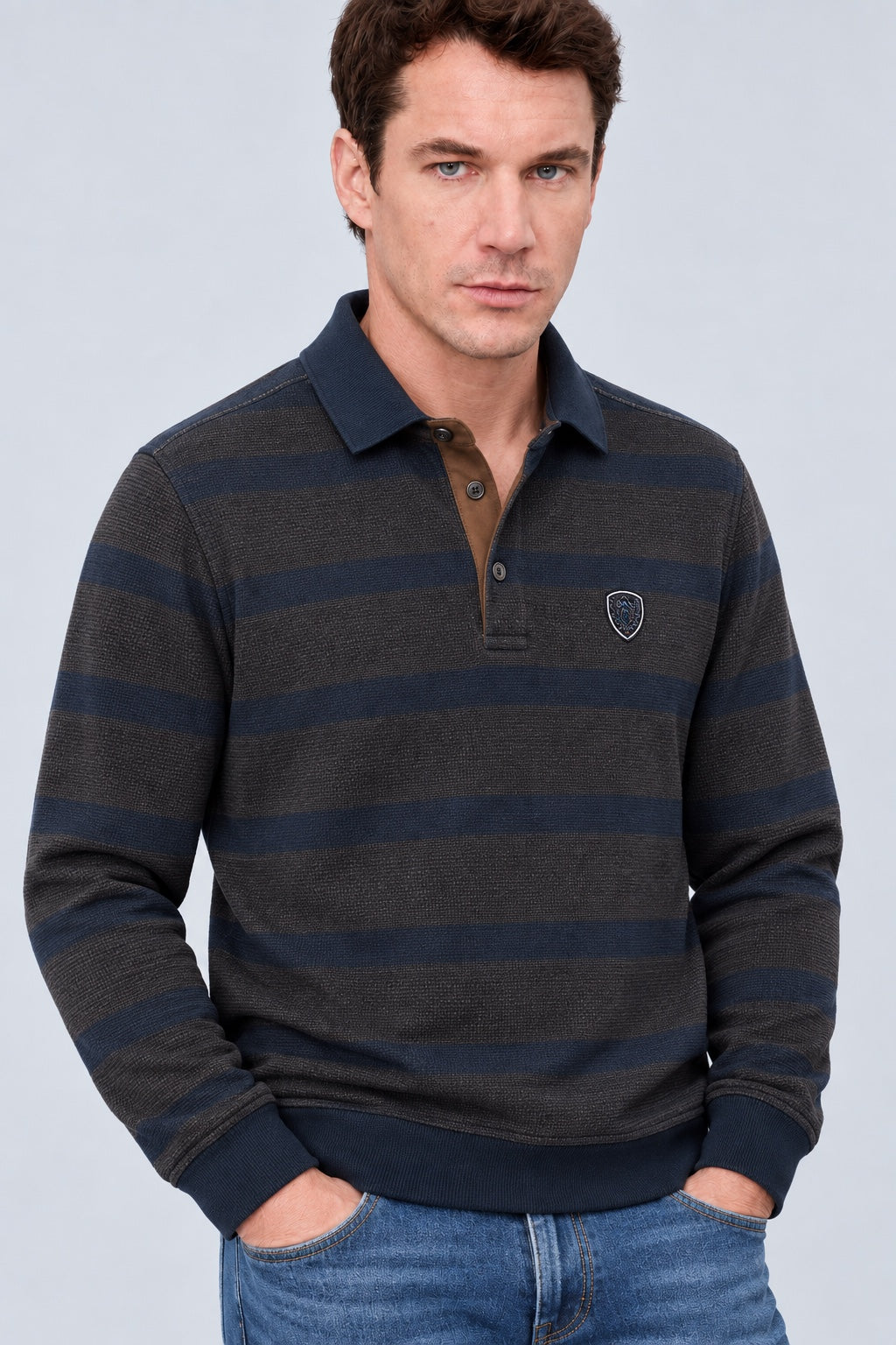 Sweat-Polo aus Baumwoll-Polyester-Mix mit Strukturstreifen in navy combi 1