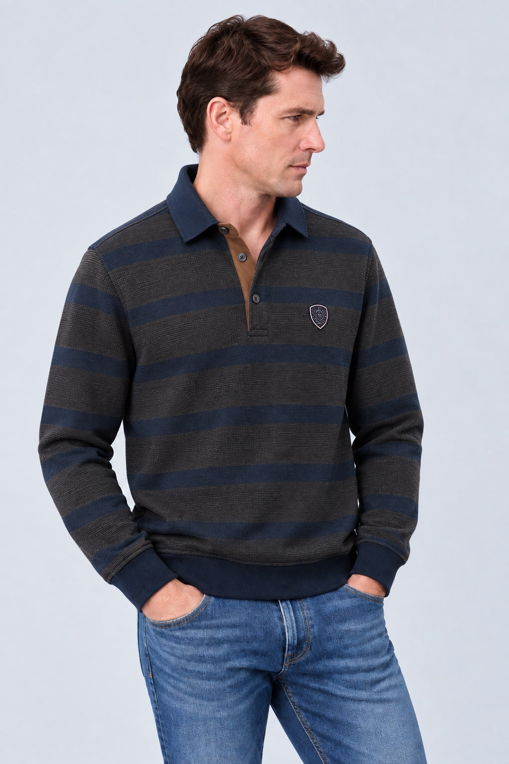 Sweat-Polo aus Baumwoll-Polyester-Mix mit Strukturstreifen in navy combi 1, Ansicht 3