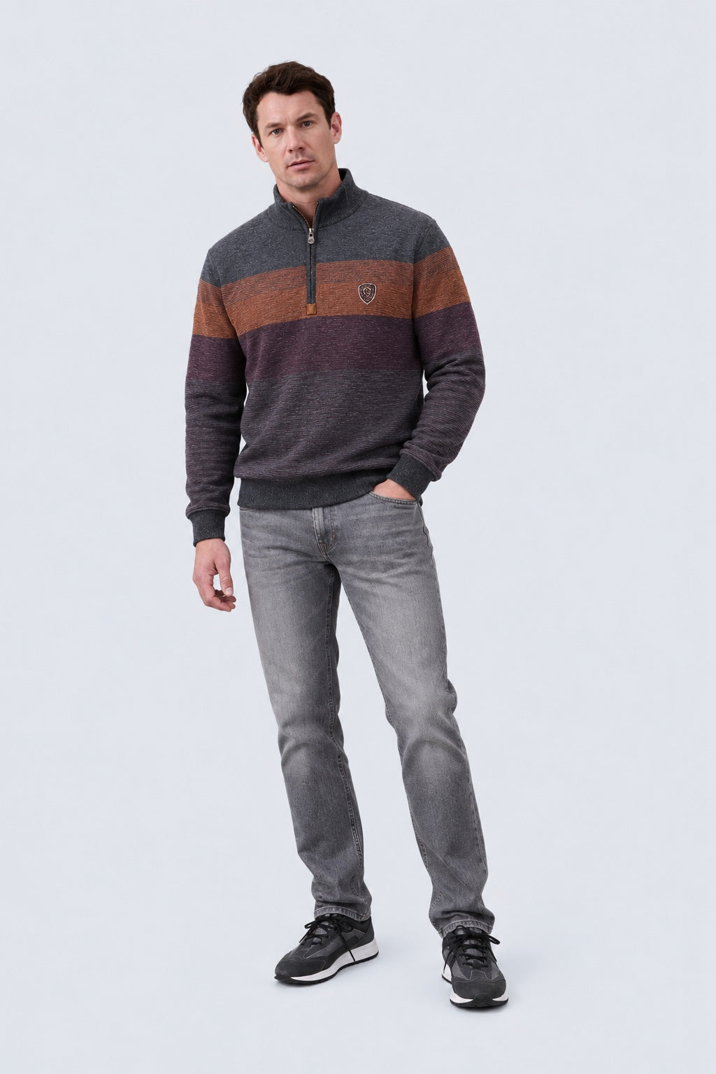 Sweatshirt mit Stehkragen und Blockstreifen‑Design in anthra combi 1