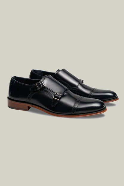 Premium CC double monk made of smooth leather with double buckle, in brown, navy and black.