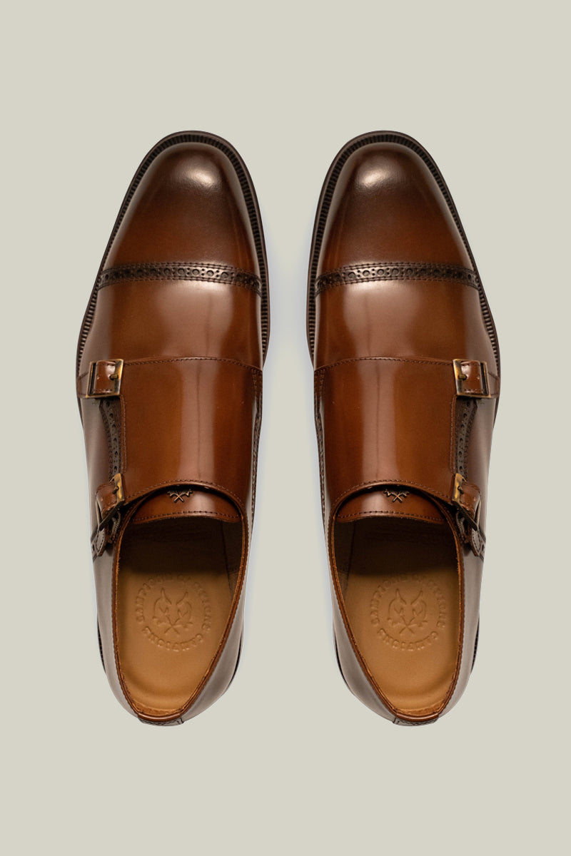 Premium CC double monk made of smooth leather with double buckle, in brown, navy and black.