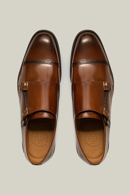 Premium CC double monk made of smooth leather with double buckle, in brown, navy and black.