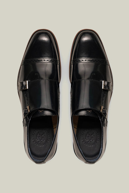 Premium CC double monk made of smooth leather with double buckle, in brown, navy and black.