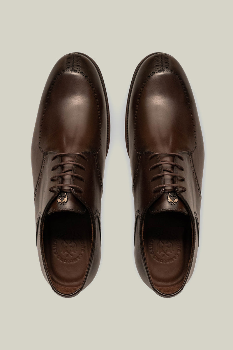 Elegant Derby brogue with lyre perforation, welt seam and leather outsole.